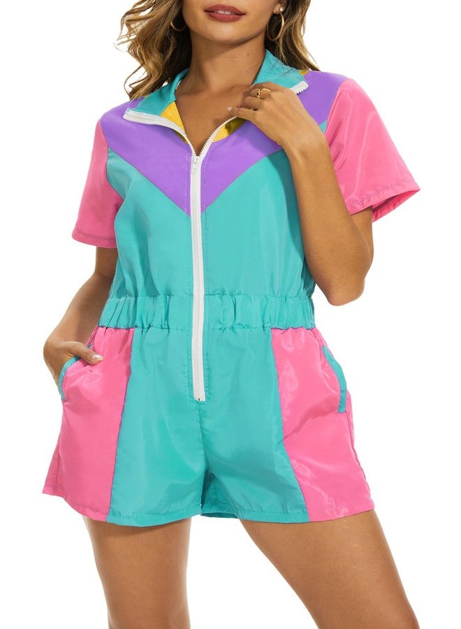 Yisfri Women 80's 90's Retro One Piece Zipper Jumpsuit Theme Party Outfits Windbreaker Rompers Tracksuit (Cyan, S) - Image 2
